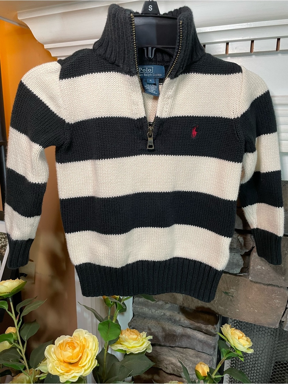 Polo by Ralph Lauren Black & White Striped Half-Zip Sweater